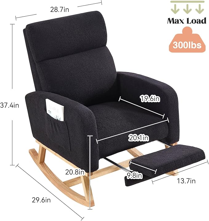 Rocking Chair Nursery, Nursing Rocking Chairs with Foot Rest for Mom Nursery, Rocker Glider Chair with High Backrest for Living Room, Bedroom, Black