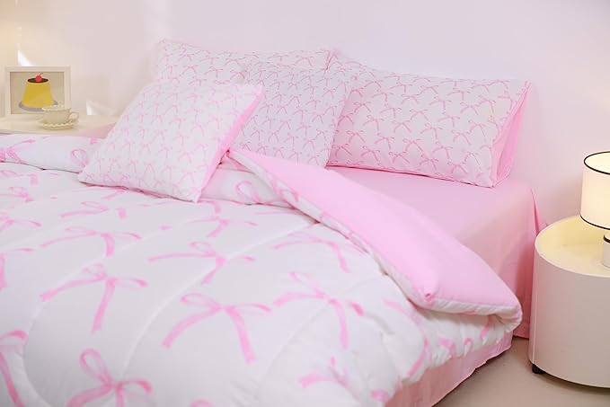 7 Pieces Cartoon Bowknot Kids Comforter King,Pink Bow Tie Butterfly Knot Princess Bedding Set,Watercolor Bow Patchwork Pink White（Comforter+Fitted+Flat Sheet+2 Pillowcases+2 Throw Pillow Covers）