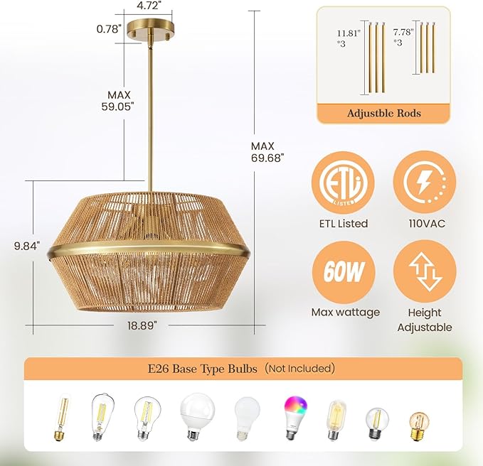 WJShome 19" Boho Rattan Chandelier Light Fixture – 5-Light Hand Woven Pendant to Enhance Your Farmhouse Dining Room, Kitchen Island, and Living Room Decor!