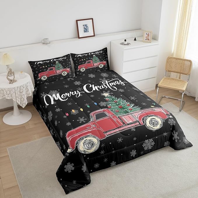 Castle Fairy Merry Christmas Theme Kids Comforter Set King,Xmas Tree Red Truck Snowflake Watercolor Graffiti Print Bedding Set for Teenager Bedrrom Decor,Farmhouse Vintage Rustic Quilt 3 Pcs