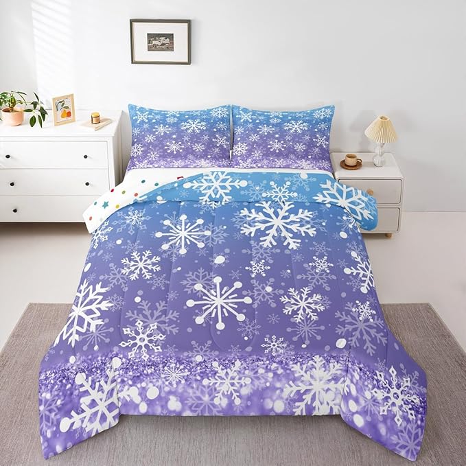 Feelyou Blue and Purple Snowflake Bedding Set Soft for Boys Girls, Winter Snowflake Comforter Set Twin Size Christmas Duvet Quilt Microfiber Holiday New Year Bedroom Decor 2 Pcs with 1 Pillow Cases