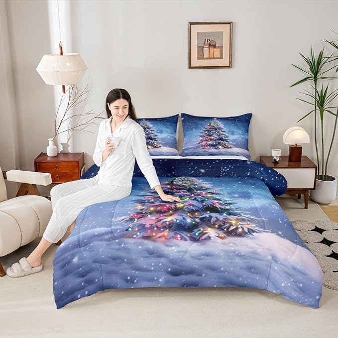Feelyou Christmas Comforter Set All Season Xmas Tree Bedding Set with 2 Pillow Cases Colored Light Strips Microfiber Kids Full Bedclothes Snowflake Bedroom Decor Duvet Quilt Breathable Soft