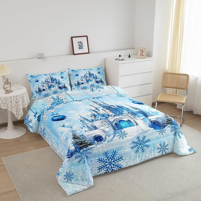 Dreamy Castle Full Size Comforter Set,Princess Blue Winter Snowflakes Bedding Comforters Bedroom Collection,Fairy Tale Theme Watercolor Christmas Bedding Set for Girls Teens