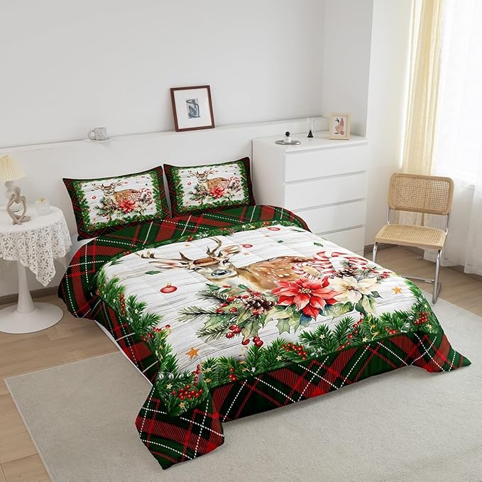 Castle Fairy Merry Christmas 3 Pcs King Size Comforter Set,Red Green Geometric Grid Down Alternative Adults Bedroom Decor,Xmas Deer Elk Farmhouse Ultra Soft Microfiber Inner Fill 3Pcs Bedding