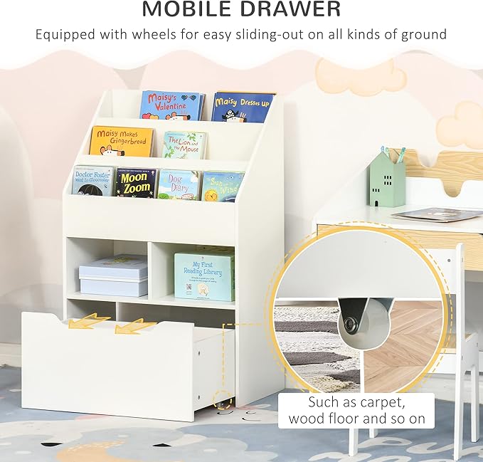 HOMCOM Kids Bookcase Multi-Shelf Rack Organizer with Storage Drawer for Books, Playroom, White