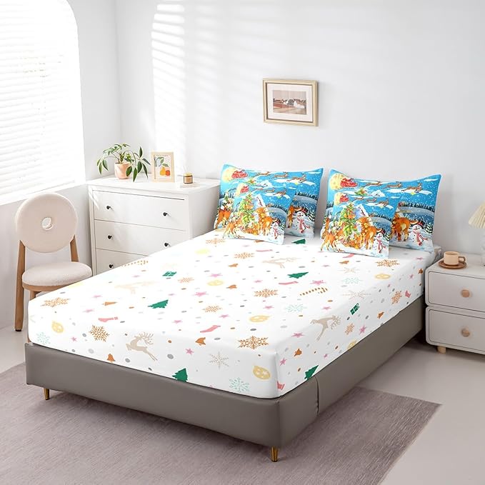 Christmas Decorations Bed in a Bag Xmas Deer Pine Tree Bed Set for Kids Boys Girls Merry Christmas Comforter Set with Sheets Winter Festival Present Bedding Set Bedding King Size