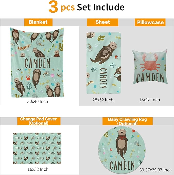 Custom Crib Bedding Set - Marine Animals Design Personalized Name Baby Nursery Bedding 3 Pcs Set - Chic Soft Blanket, Sheet, Pillowcase for Newborns Boys Girls Gifts Color20