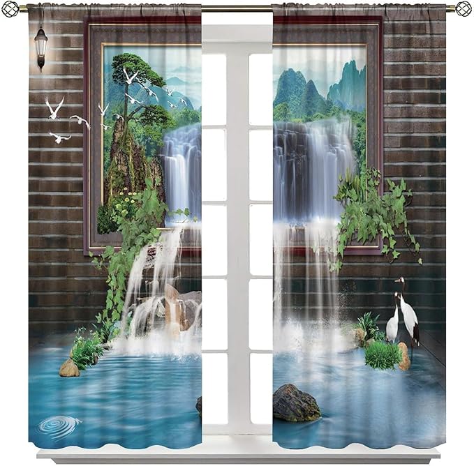 Waterfall Blackout Window Curtains, Tropical Rainforest Jungle Plants Forest Wild Nature Landscape Window Drapes, for Living Room Bedroom 42x63in 2 Panels