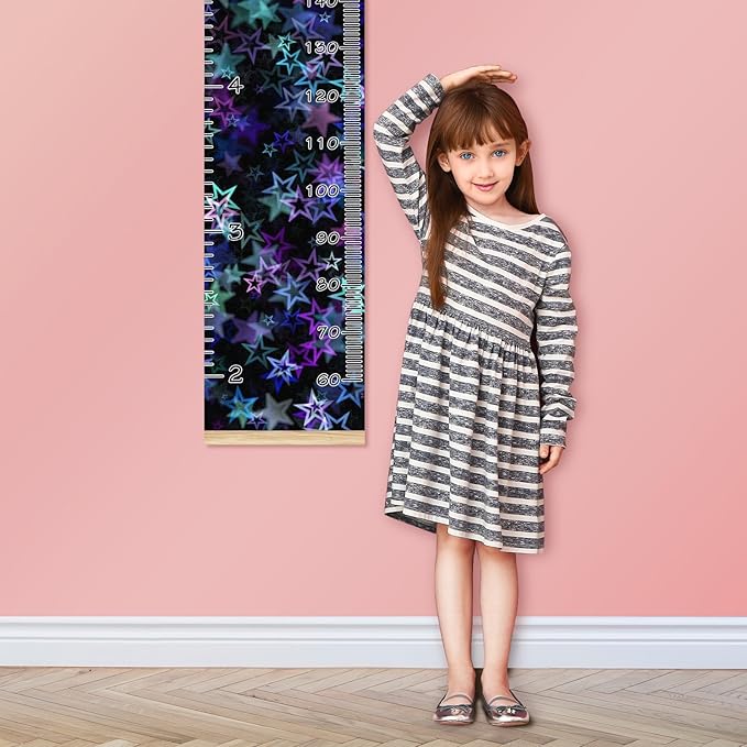 Personalized Kids Name Growth Chart Ruler for Wall Wood Frame Height Measure Chart 13.4x56 in Linen Hanging Height Growth Chart Stars Blue Pink Kids Room Decor