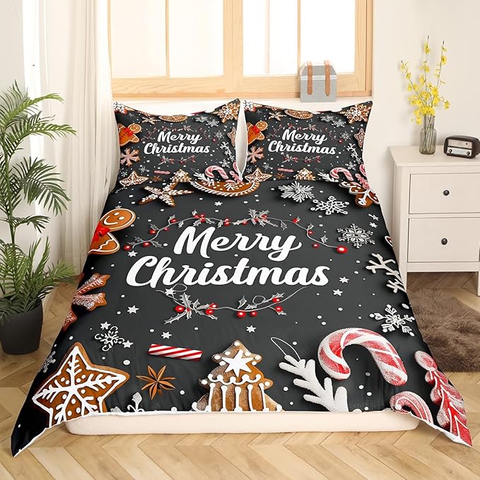 Manfei Christmas Bedding Set 2pcs for Kids Girls Red Cartoon Gingerbread Man Printed Comforter Cover Festival Duvet Cover Set Microfiber Bedspread Cover with 1 Pillow Case(No Comforter) Twin Size