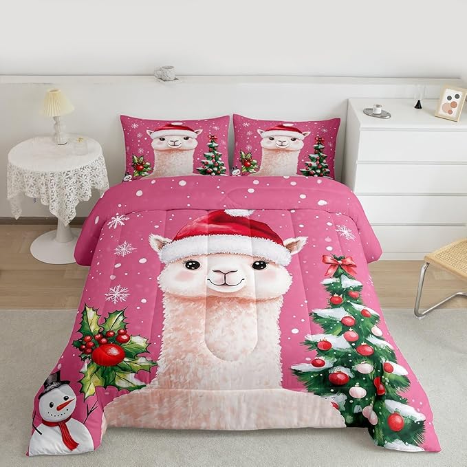 Feelyou Merry Christmas Bedding Set Soft for Boys Girls, Cute Llama Comforter Set Full Size Snowflake Duvet Quilt Microfiber Christmas Tree Bedroom Decor 3 Pcs with 2 Pillow Cases