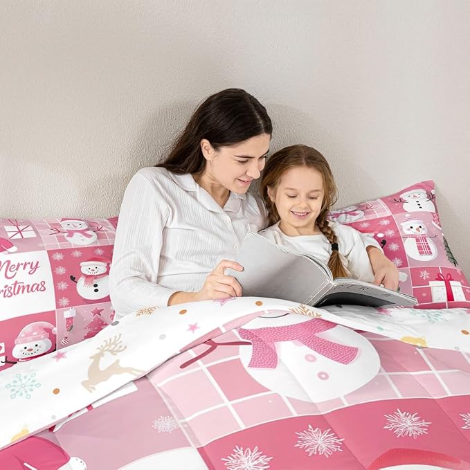 Xmas Comforter Set King Size,Snowman Christmas Tree Snowflake Duvet Insert for Kids Boys Girls Room Decor,Pink Plaid Patchwork Bedding Set 3Pcs,Merry Christmas Cartoon Quilt Set,2 Pillowcases