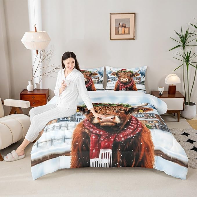 Feelyou Merry Christmas Bedding Set Soft for Boys Girls, Highland Cow Comforter Set Toddler Size Snowflake Duvet Quilt Microfiber Winter Bedroom Decor 2 Pcs with 1 Pillow Cases