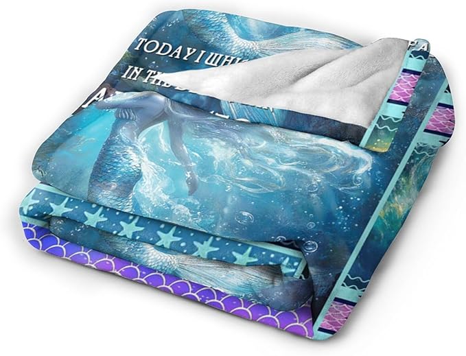 Mermaid Blanket for Girls Blue Ocean Throw Blankets Soft Cozy Warm Fuzzy Fleece Marine Life Shells Bedding Flannel Throws Stuffed Animal Gifts for Mermaid Lovers Kids Men Women Bedroom Decor 50"x40"