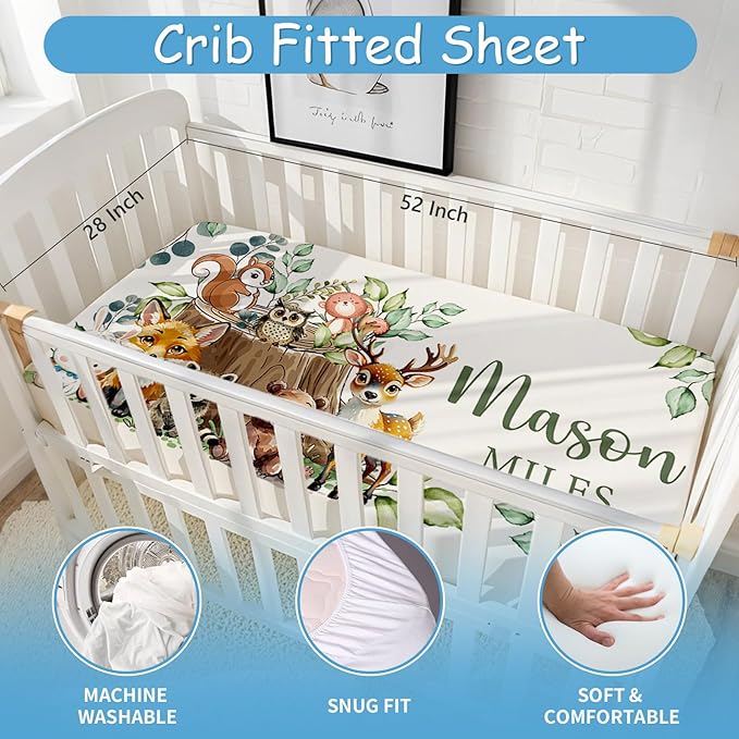 Personalized Woodland Animals Crib Bedding Set, 5 Pcs Custom Name Bedding Crib Set for Baby Boys Girls, Double Layer Nursery Bedding, Baby Crib Set Customized Gift for Toddler Infant Kids
