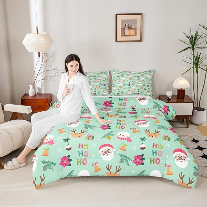 Feelyou Christmas Decor Bedding Set Soft for Boys Girls, Happy New Year Comforter Set Twin Size Santa Claus Duvet Quilt Microfiber Bedroom Decor 2 Pcs with 1 Pillow Cases