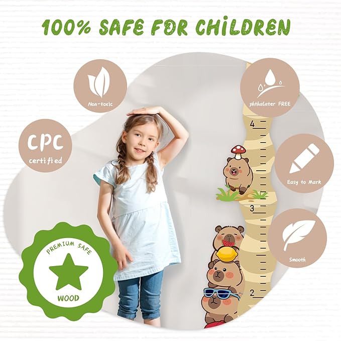 Personalized Name Growth Chart for Wall, Cute Capybara Wood Height Chart for Kids, Boy Girls Height Measurement Growth Measuring Ruler, Toddler Children Playroom Decor