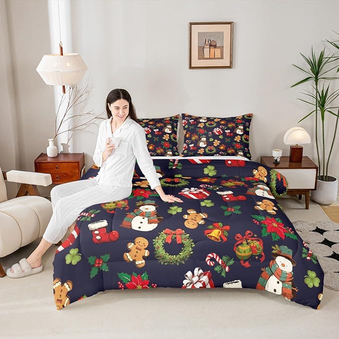 jejeloiu Merry Christmas Comforter Set Full Size Cute Snowman Bedding Set for Kids Boys Girls Gingerbread Man Duvet Quilt Dark Blue Bedroom Decor