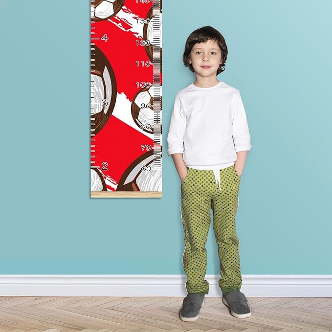 Personalized Kids Name Growth Chart Ruler for Wall Wood Frame Height Measure Chart 13.4x56 in Linen Hanging Height Growth Chart Football Soccer Red Kids Room Decor