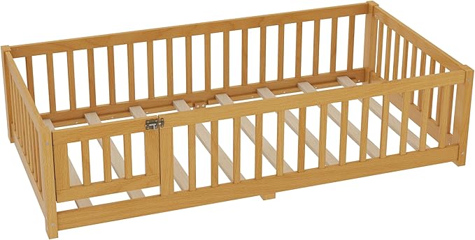 Bellemave Twin Size Floor Bed with Rails for Kids, Girls, Boys, Pine,Plywood Floor Bed with slats and Door, Natural