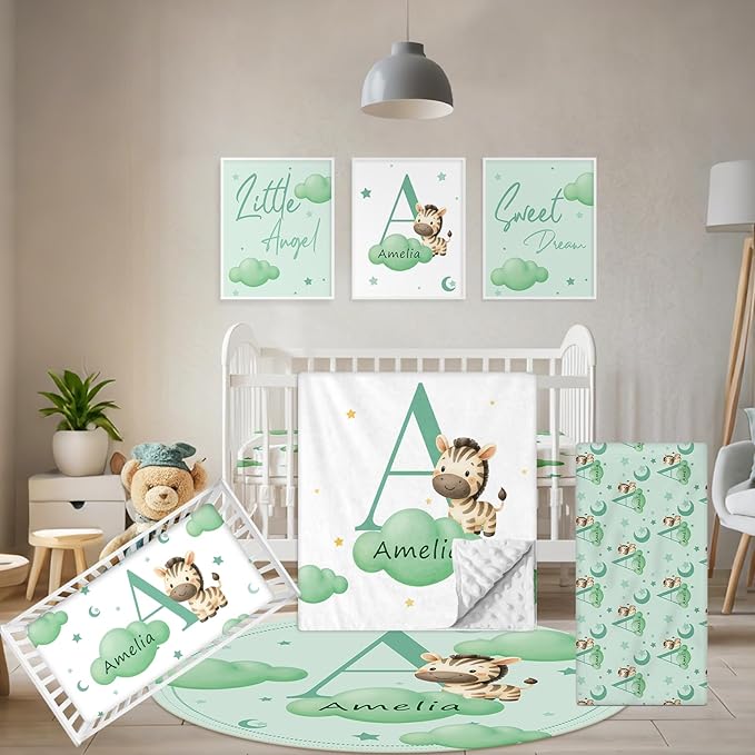 Custom Crib Bedding Set, 5 Pcs Personalized Name Baby Crib Sets for Newborns Infants Toddlers, Green Zebra Nursery Bedding Set for Boys Girls, Double Layer Baby Bedding Sets Customized Gifts