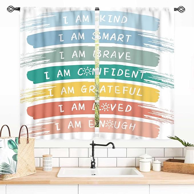 Rainbow Curtains for Classroom, Kids Girls Baby Boho Cute Inspirational Motivational Quotes Cartoon Colorful Pastel Nursery Classroom Bedroom Living Room Bathroom Window Drapes 2 Panels, 55x39 Inch