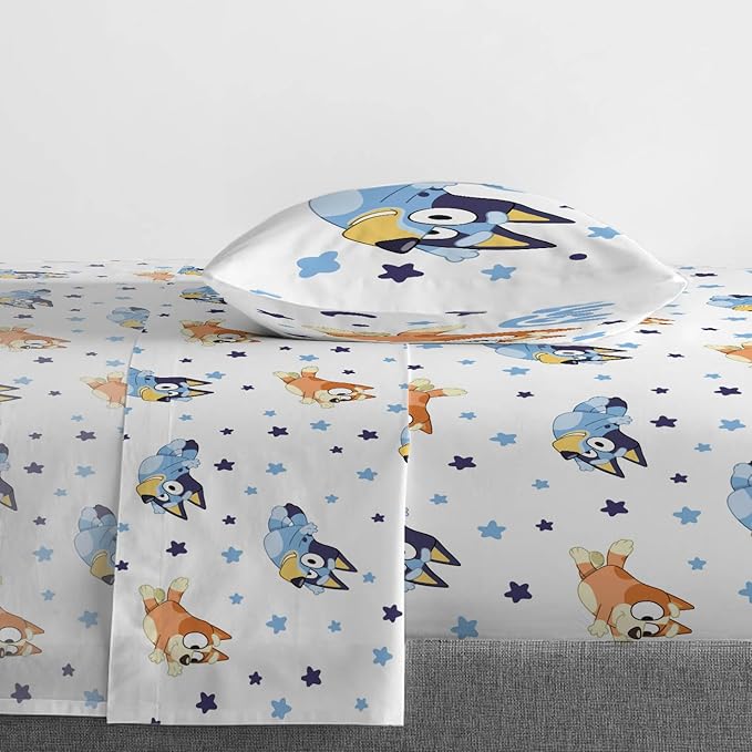 Jay Franco Bluey & Bingo Twin Comforter Set - 5 Piece Bed Set Includes Sheet Set & Pillow Covers - Super Soft Clouds & Stars Kids Bedding