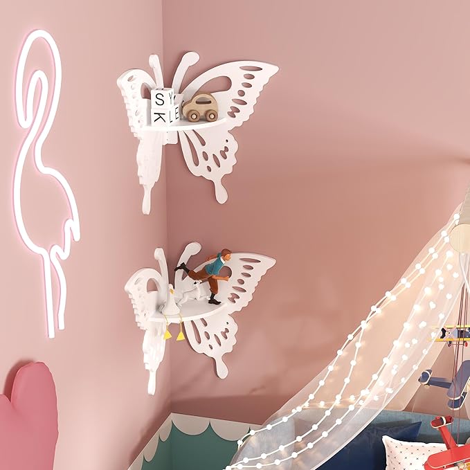 2-Tier Butterfly Corner Shelf - Nursery Wall Deor Floating Corner Shelf for Kid’s Room, Small Cute Decorative Shelf Wall Mounted, White Hanging Hollow Out Shelf for Toys, Plants and Storage