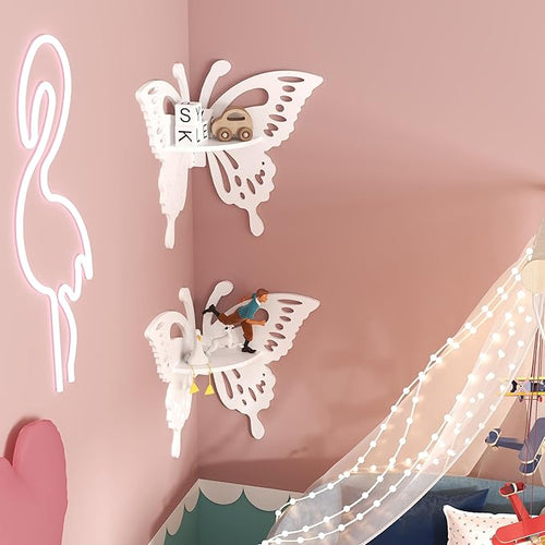 2-Tier Butterfly Corner Shelf - Nursery Wall Deor Floating Corner Shelf for Kid’s Room, Small Cute Decorative Shelf Wall Mounted, White Hanging Hollow Out Shelf for Toys, Plants and Storage