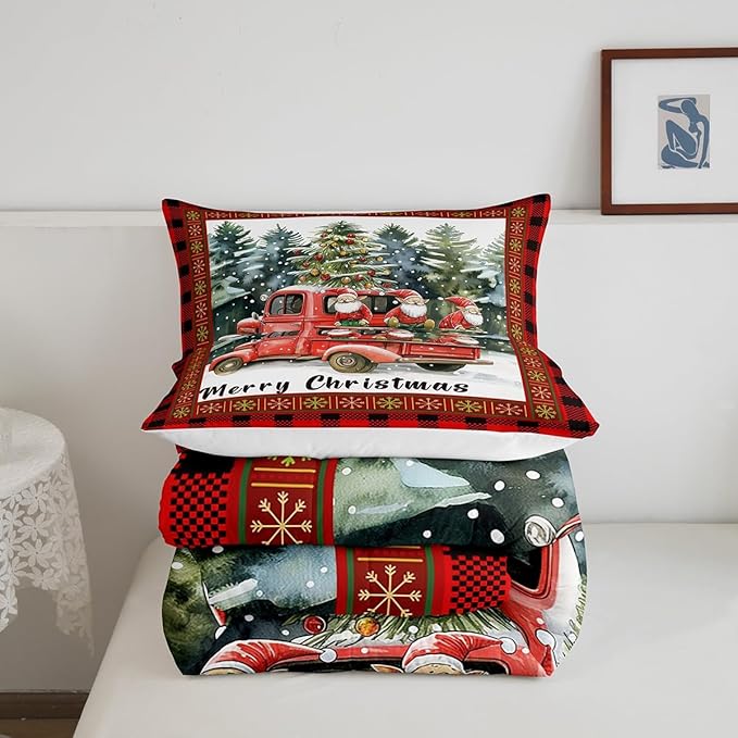 Merry Christmas Comforter Set King Size,Retro Red Truck Christmas Tree Duvet Insert for Kids Boys Girls Room Decor,Gnome Snowflake Xmas Bedding Set 3Pcs,Black Red Plaid Quilt Set,2 Pillowcases