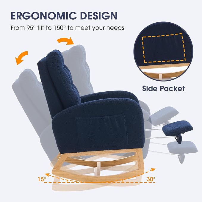 NIOIIKIT Nursery Rocking Chair, Linen Upholstered Glider Chair with Footrest, Tufted Rocker Recliner with Side Pocket, Comfy Recliner Glider, Accent Chair for Living Room (Blue Teddy)
