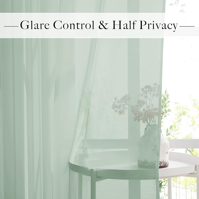 RYB HOME Sheer Curtains 84 Inches Long for Living Room, Light Filtering Grommet Solid Sheer Window Panels, Lightweight Elegant Curtains for Bedroom, Office, Sage Green, W54 x L84, 4 Pieces