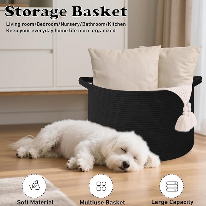 Large Blanket Basket for Organizing,115L Closet Organizers and Storage Bins Box for Shelves Woven Rope Storage Baskets,Living Room,Bedroom,Dorm,Laundry room (Black)
