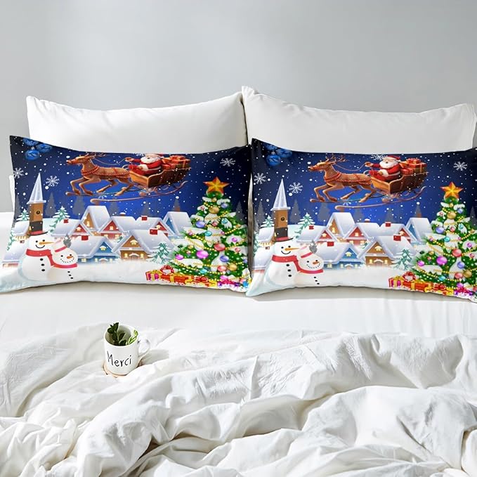 Manfei Christmas Duvet Cover Set Queen Size, Snowman Xmas Tree Santa Claus Bedding Set 3pcs, Reversible Winter Snow Cabin Holiday New Year Quilt Cover with Zipper Closure, 2 Pillowcases, No Comforter