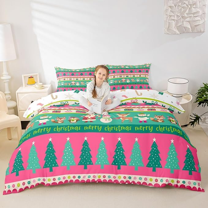 Christmas Bedding Set Cute Snowman Santa Claus Deer Comforter Cover for Kids Christmas Tree Xmas Theme Duvet Cover Breathable Pink Geometric Stripes Bedspread Cover Room Decor Quilt Cover Queen Size