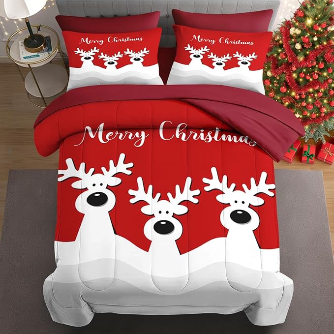 7 Pcs King Size Christmas Comforter Set with 2 Pillowcases & 2 Shams, Cute Cartoon Reindeer Bedding for Kids and Adults, Winter Merry Xmas Bed in a Bag with Flat Fitted Sheet