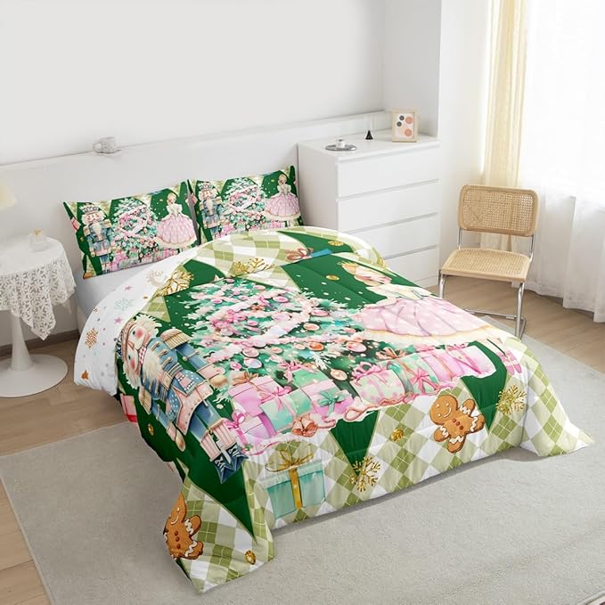 jejeloiu Christmas Nutcracker Comforter Set Queen Size Gingerbread Man Bedding Set for Kids Boys Girls Xmas Tree Duvet Quilt Green Bedroom Decor