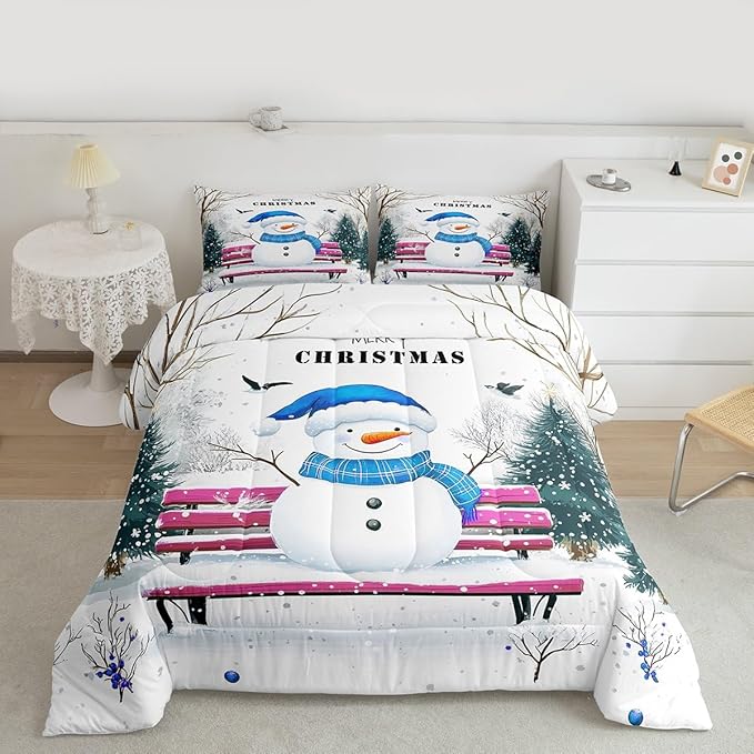 Feelyou Merry Christmas Bedding Set Soft for Boys Girls, Cute Snowman Comforter Set Queen Size Snowflake Duvet Quilt Microfiber Christmas Tree Bedroom Decor 3 Pcs with 2 Pillow Cases