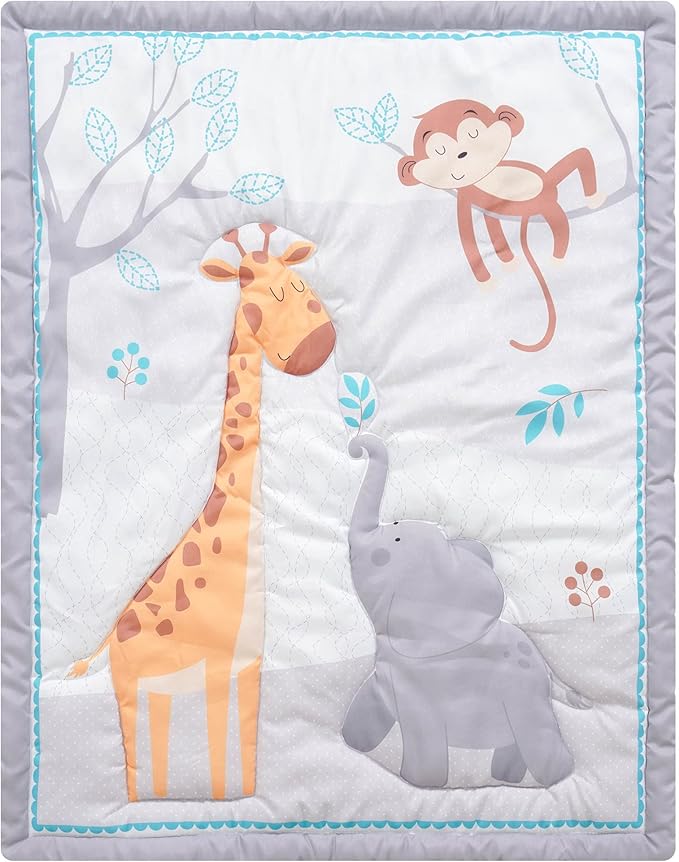 The Hōmistry 3-Piece Crib Bedding Set for Boys & Girls – Reversible Quilt, Fitted Sheet, Crib Skirt – Soft, Breathable & Durable Microfiber – Jungle Friends Theme