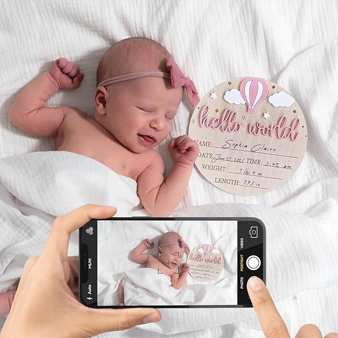 Wood Baby Birth Keepsakes Plaques Hello Worlds Welcome Sign Customizable Nursery Wall Decors for Newborns