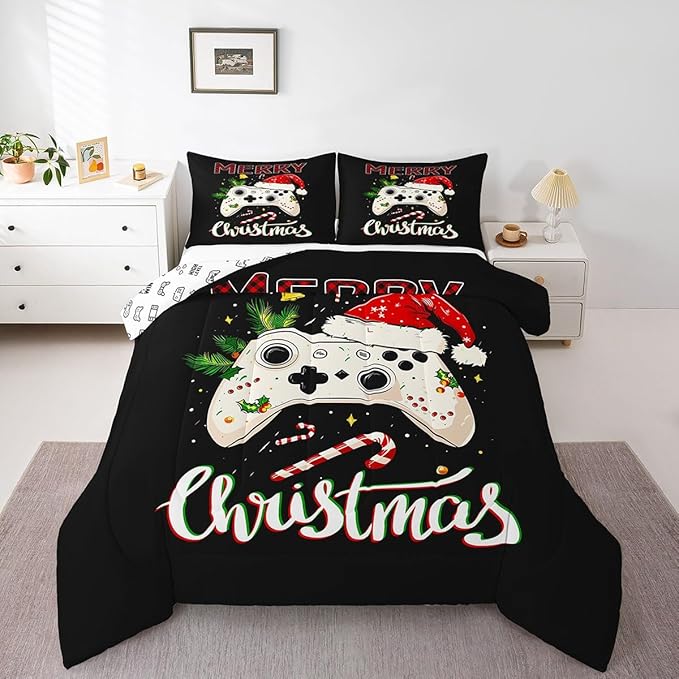 Gamepad Xmas Theme Bedding Set Full Size,Santa Claus Video Games Comforter Set for Kids Boys Girls Room Decor,Merry Christmas Duvet Insert 3Pcs,Gaming Controller Black Quilt Set,2 Pillowcases