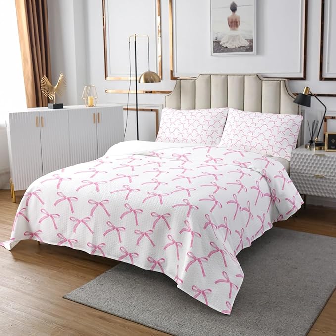 Cartoon Bowknot Kids Bedspread Queen Size,Pink Bow Tie Butterfly Knot Princess Coverlet Set,Girls Women Room Decor,Watercolor Bow Patchwork Quilted Coverlet,Pink White Bedding Quilt,2 Pillowcases