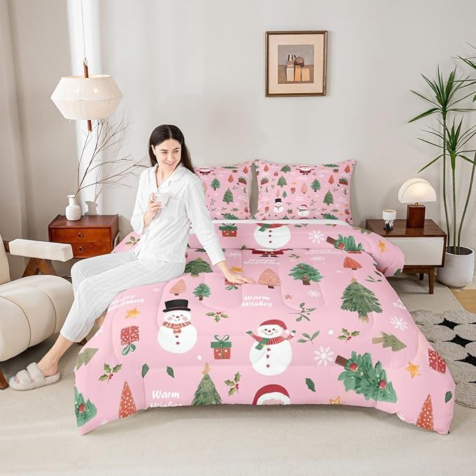 Feelyou Pink Christmas Comforter Set Twin Size Snowman Bedding Set for Kids Boys Girls Xmas Tree Duvet Quilt Bedroom Decor Microfiber 2 Pcs with 1 Pillow Cases