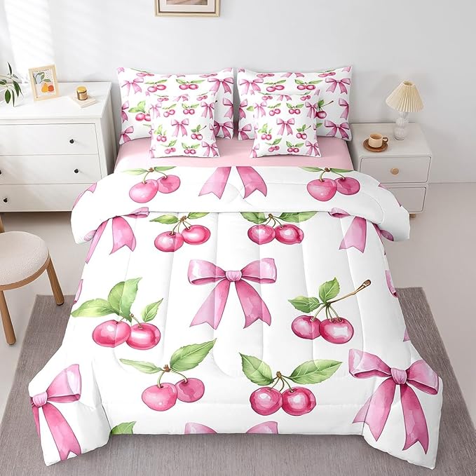 7 Pieces Pink Bowknot Kids Comforter Full,Cherry Tropical Fruit Bow Patchwork Bedding Set,Bow Tie Butterfly Knot Princess Dreamy（Comforter+Fitted+Flat Sheet+2 Pillowcases+2 Throw Pillow Covers）