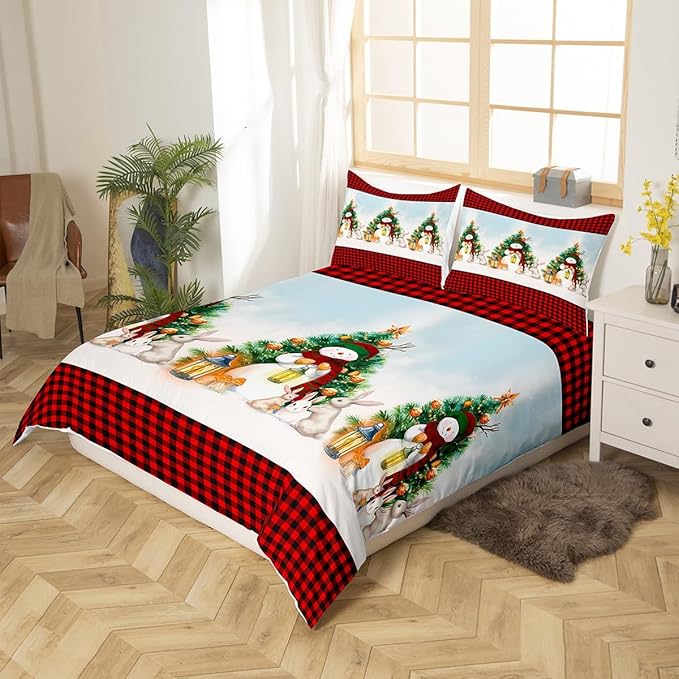 Manfei Red Plaid Duvet Cover Set King Size, Snowman and Xmas Tree Print Bedding Set 3pcs for Kids Boys Girls Bedroom Decor, Christmas Theme Comforter Cover with 2 Pillowcases,No Comforter
