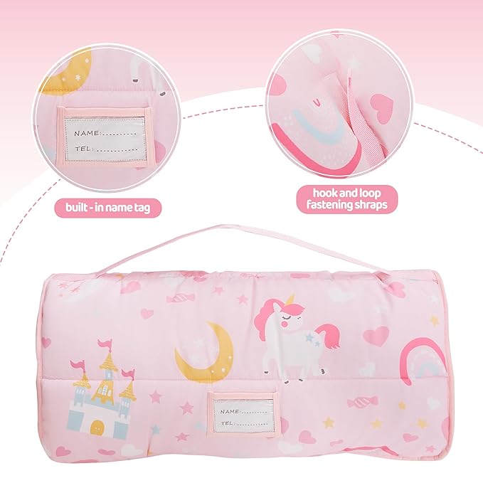 Viviland Toddler Kid Nap Mat for Preschool, Girls Pink Princess Daycare Kindergarten Slumber Bag