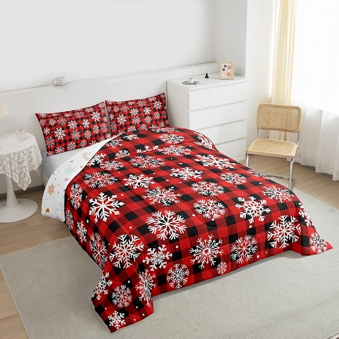 Feelyou Christmas Comforter Set Queen Size Red Black Plaid Bedding Set for Kids Boys Girls Winter Snow Duvet Quilt Snowflake Red Bedroom Decor Microfiber 3 Pcs with 2 Pillow Cases