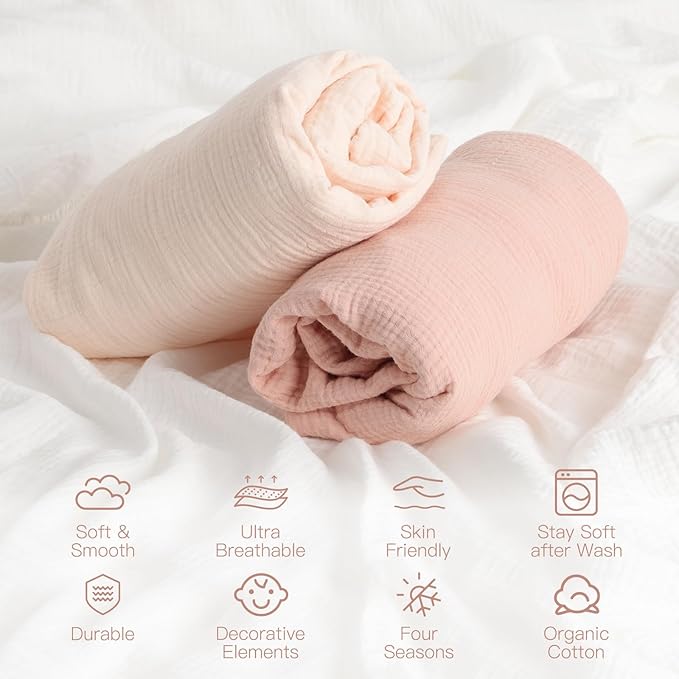 Baby Organic Fitted Crib Sheets 2 Pack 100% Organic Cotton Muslin 52x28 Inches, Ultra Breathable and Soft Sheet Fits All Standard Crib Mattress Sheet Neutral Toddler Bedding for Baby Boys Girls