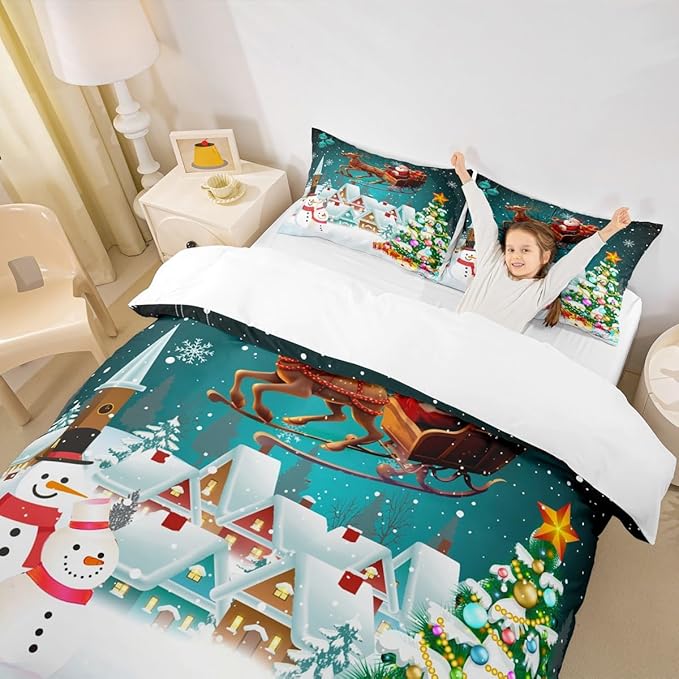 Manfei Christmas Duvet Cover Set King Size, Xmas Tree Snowman Bedding Set for Kids Boys Girls, Santa Claus with Reindeer Comforter Cover New Year Theme Quilt Cover with 2 Pillowcases, No Comforter