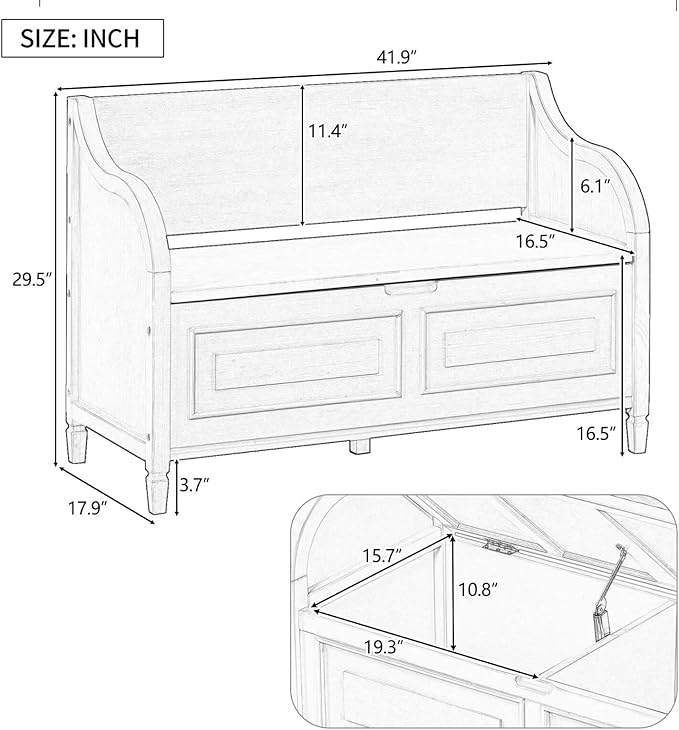 Merax Storage Bench, 41.9” Solid Wood Storage Chest with Backrest and Safety Hinge, Large Storage Space Bench with Upholstered Cushions,Supports 250 lb and Easy Assembly for Small Space, White